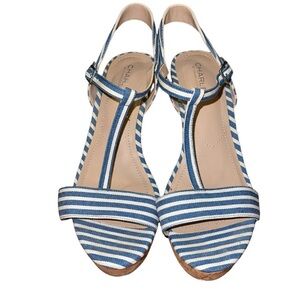 Charles by Charles David Denim Pinstripes Wedge T-Strap Sandals